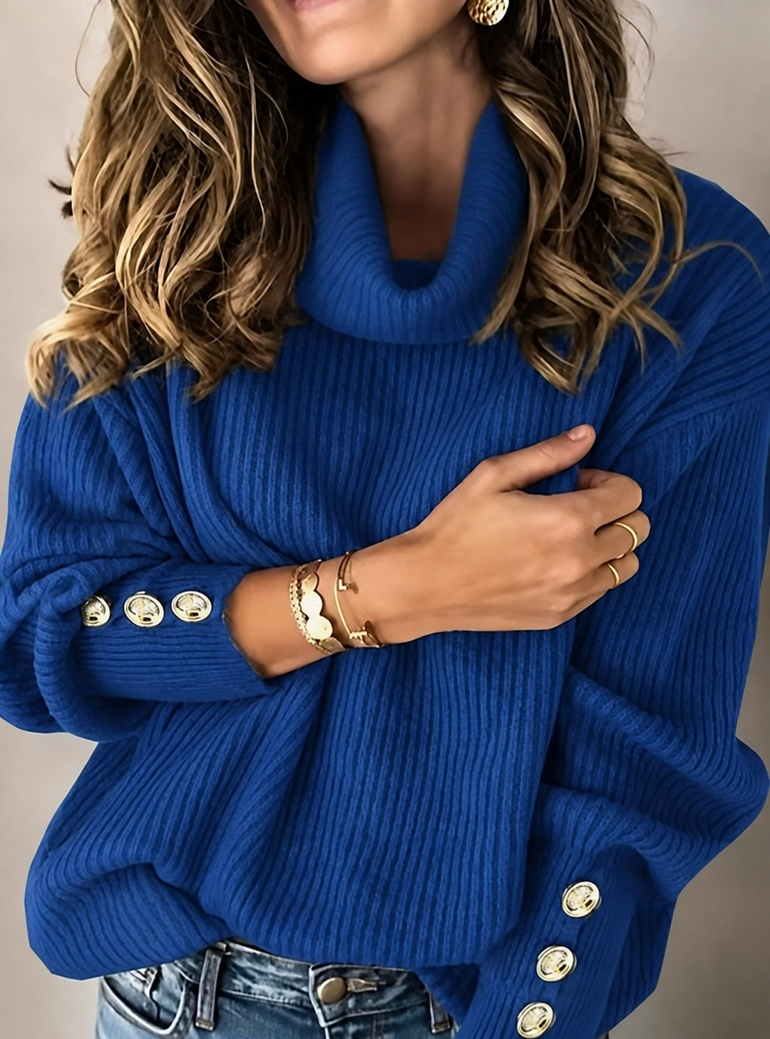 Calliope Folded Turtleneck Button Cuff Sweater