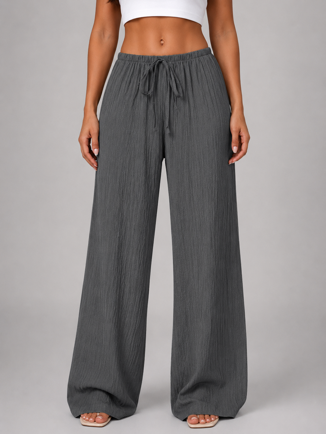 Women's Crinkle Wide Leg Trousers – Drawstring Waist