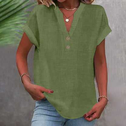Wide Summer Blouse with V-Neck and Buttons – Short Sleeve and Timeless