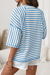 Long Striped Top in Structured Knit with Slit and Mid-Length Sleeves