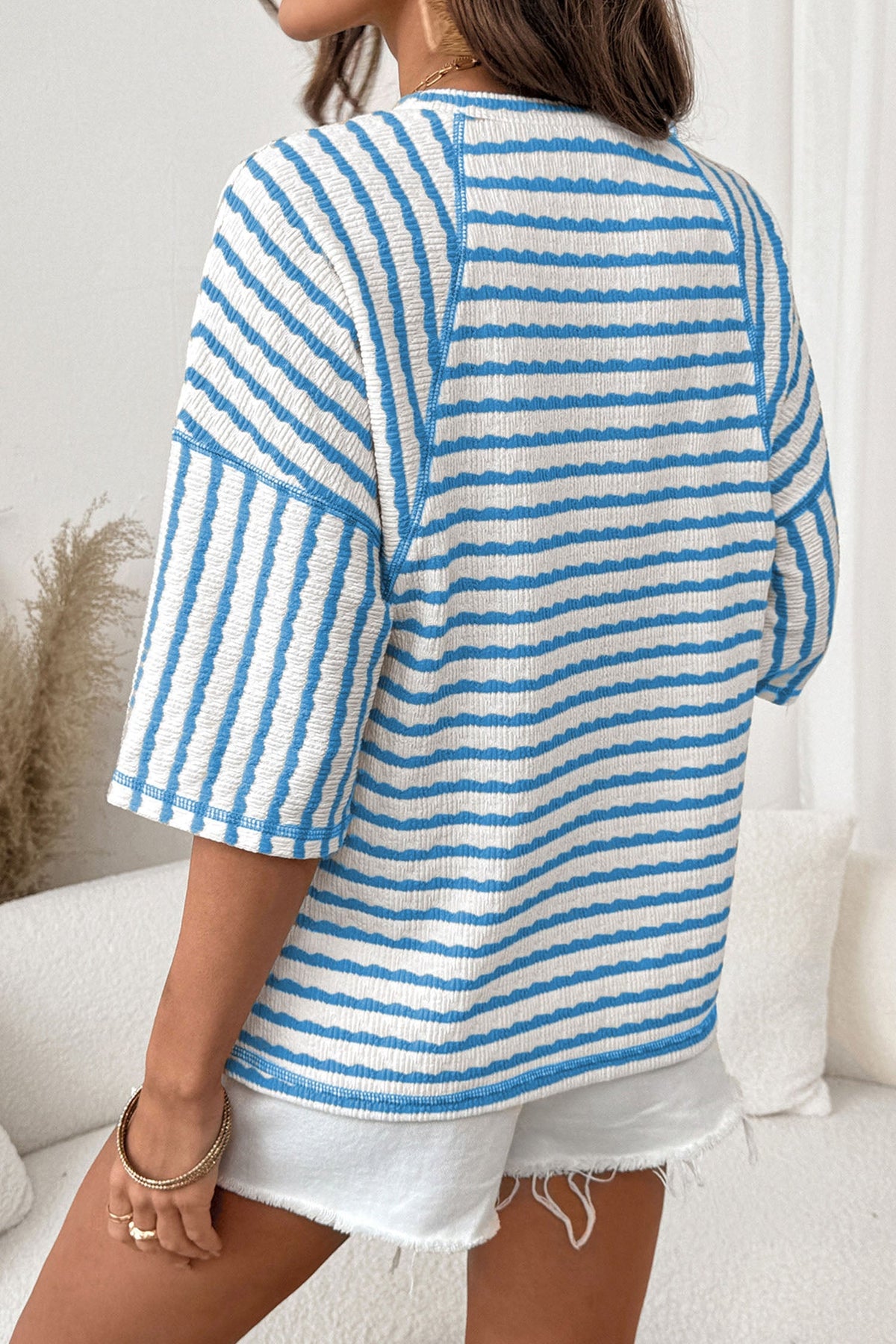 Long Striped Top in Structured Knit with Slit and Mid-Length Sleeves
