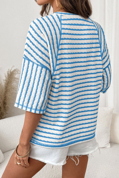 Long Striped Top in Structured Knit with Slit and Mid-Length Sleeves