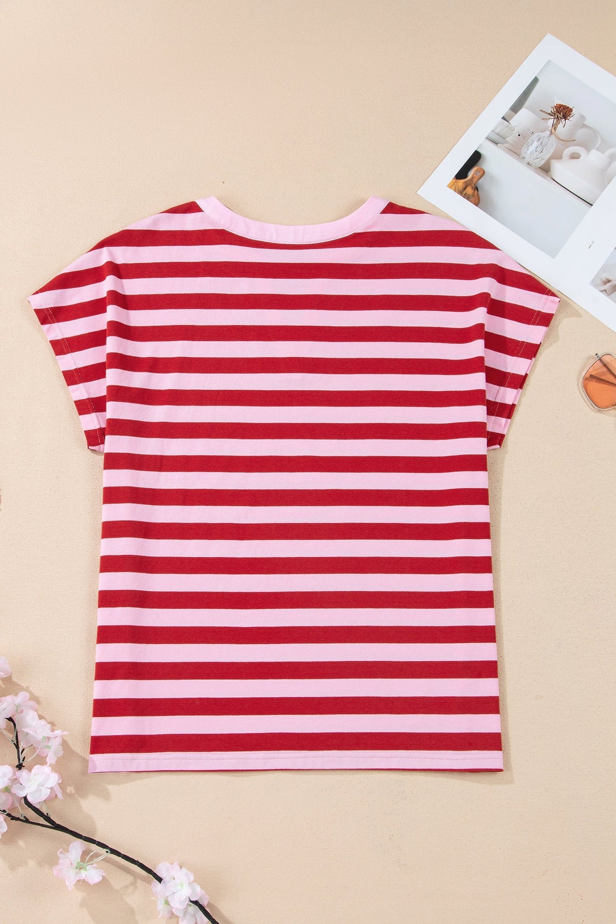 Pink Striped Casual T-shirt with V-Neck