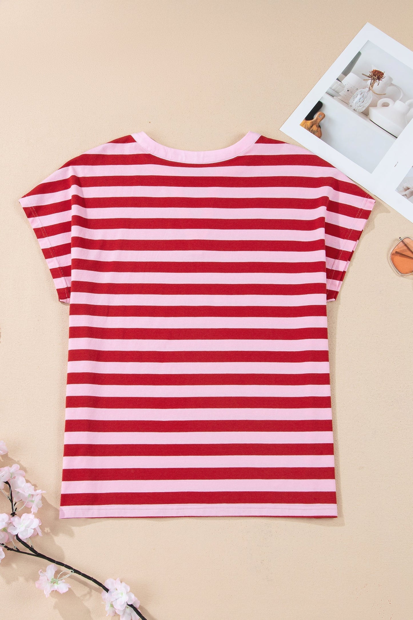 Pink Striped Casual T-shirt with V-Neck