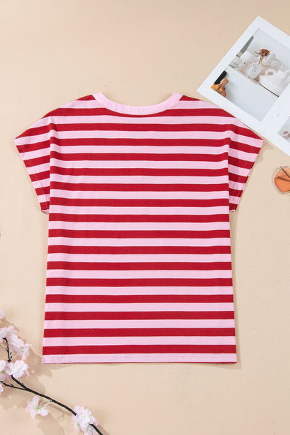 Pink Striped Casual T-shirt with V-Neck