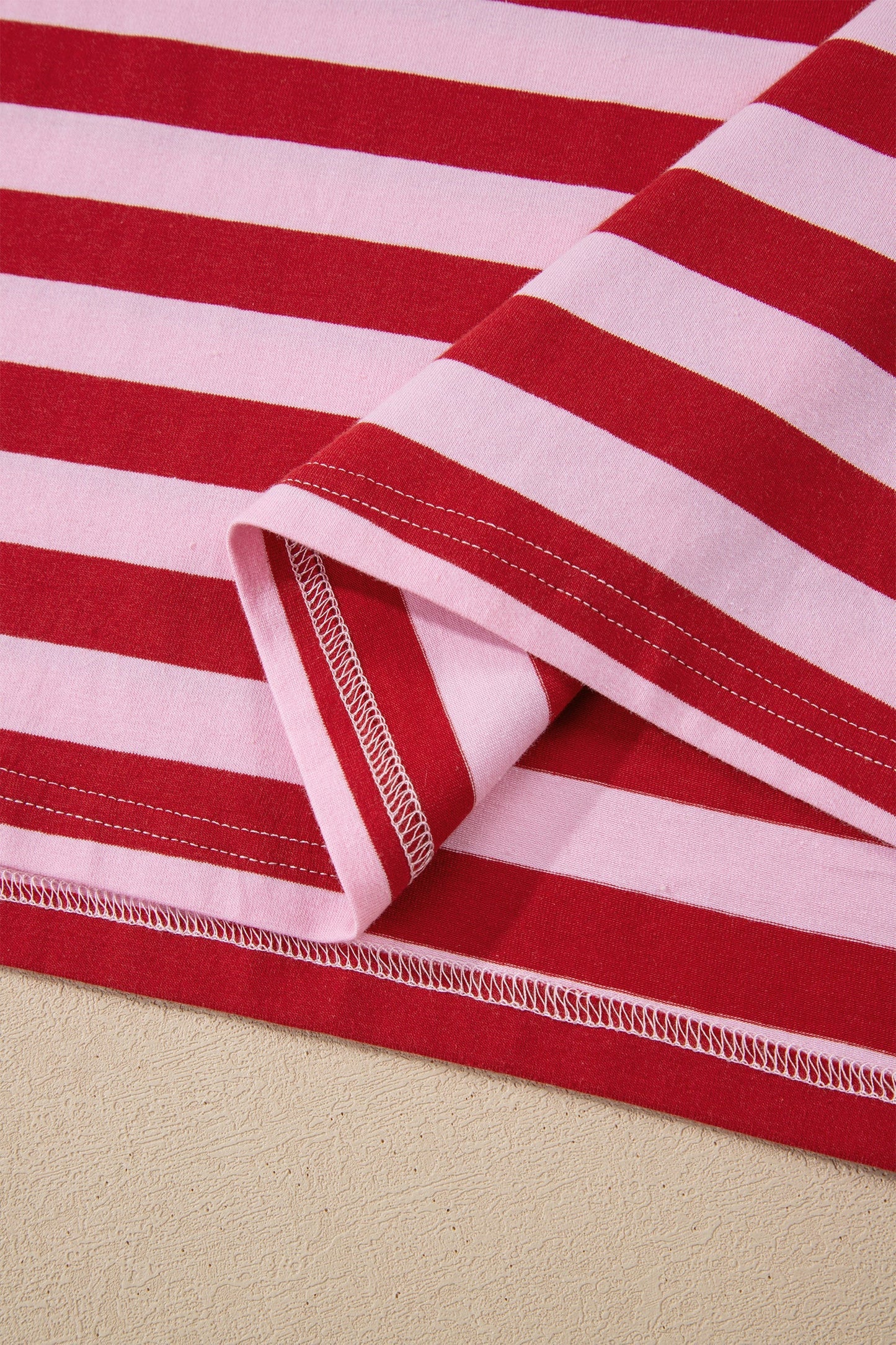 Pink Striped Casual T-shirt with V-Neck