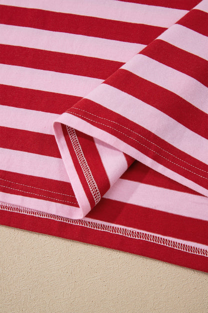 Pink Striped Casual T-shirt with V-Neck