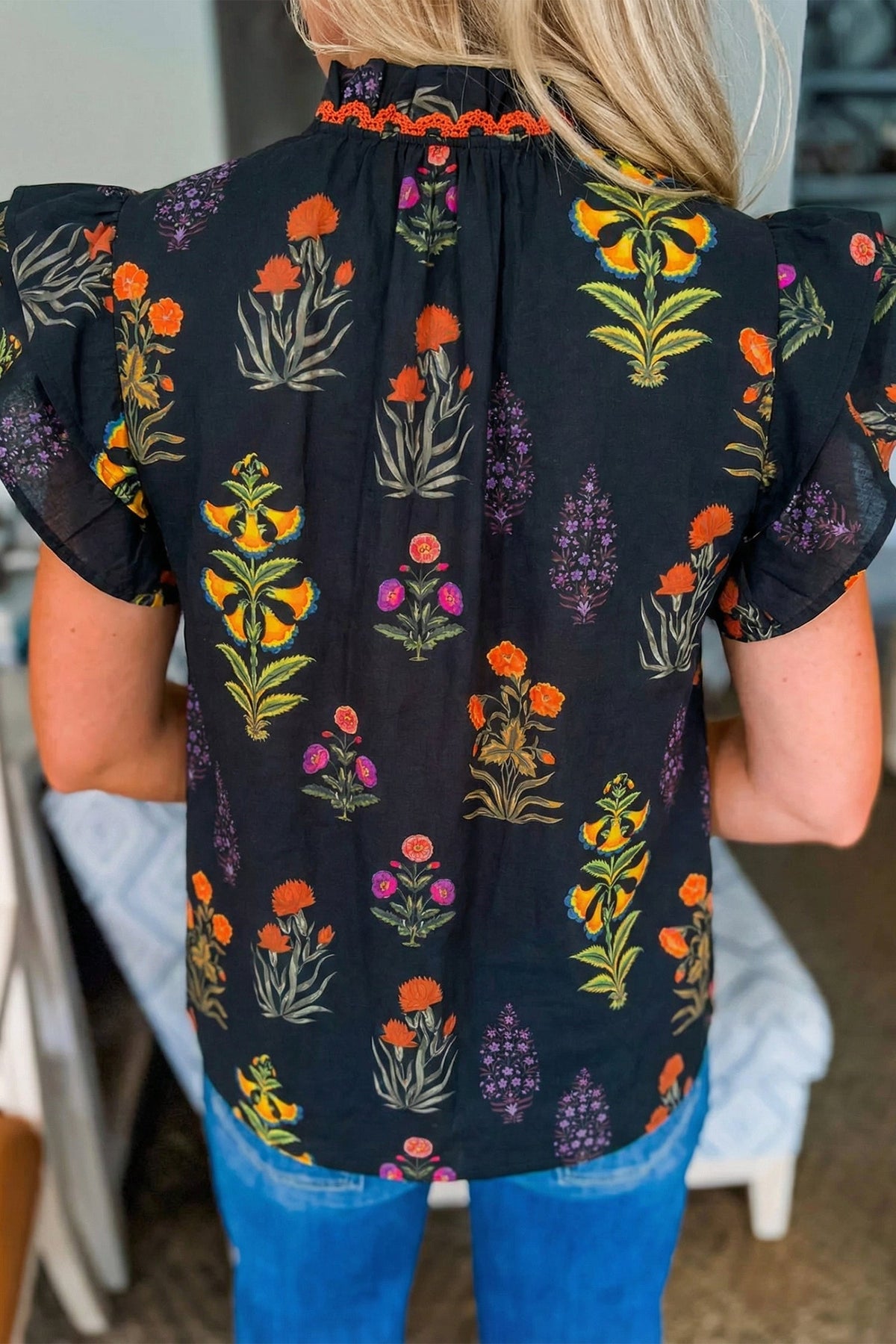 Black Floral Shirt with Lace Trim and V-Neck with Ruffles