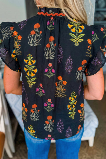 Black Floral Shirt with Lace Trim and V-Neck with Ruffles