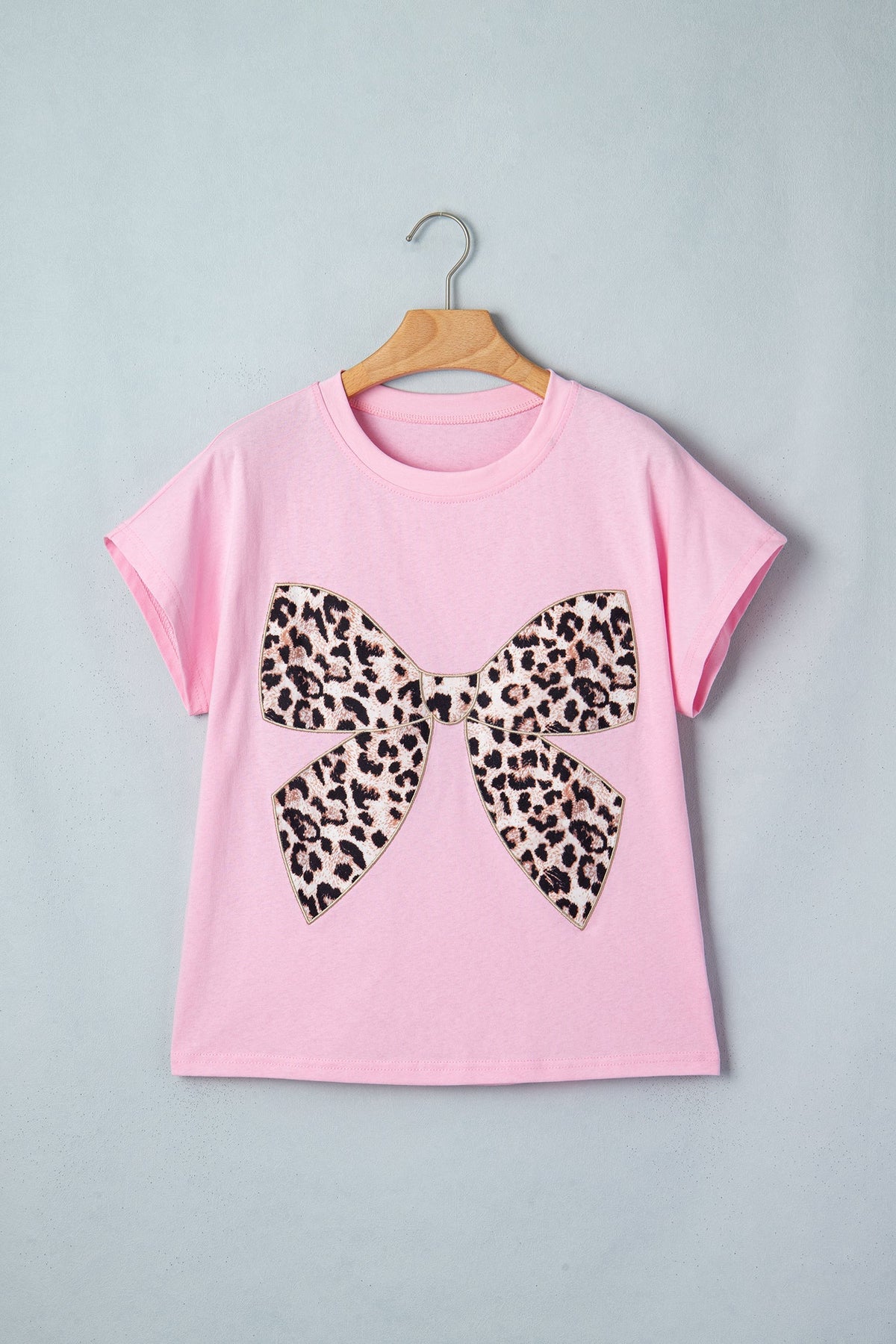 Cotton T-shirt with embroidered leopard bow and crew neck