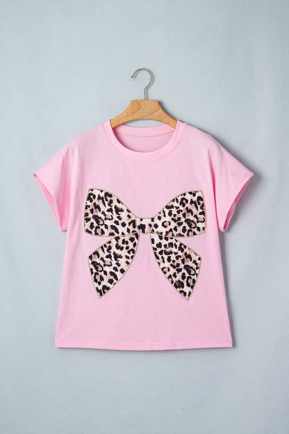 Cotton T-shirt with embroidered leopard bow and crew neck