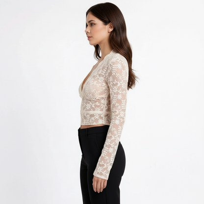 Women's Long Sleeve Lace Top with Deep V-Neck