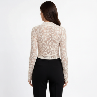 Women's Long Sleeve Lace Top with Deep V-Neck