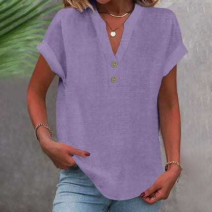 Wide Summer Blouse with V-Neck and Buttons – Short Sleeve and Timeless