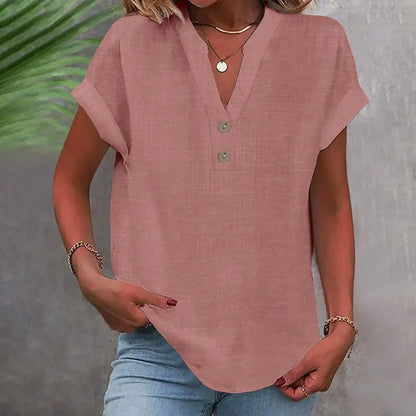 Wide Summer Blouse with V-Neck and Buttons – Short Sleeve and Timeless