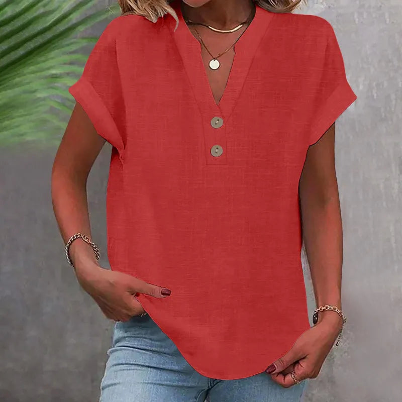 Wide Summer Blouse with V-Neck and Buttons – Short Sleeve and Timeless