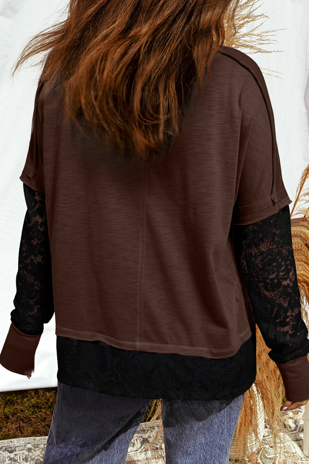 Long-sleeve casual T-shirt with transparent lace inserts