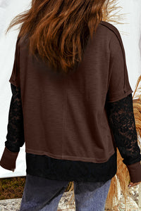 Long-sleeve casual T-shirt with transparent lace inserts
