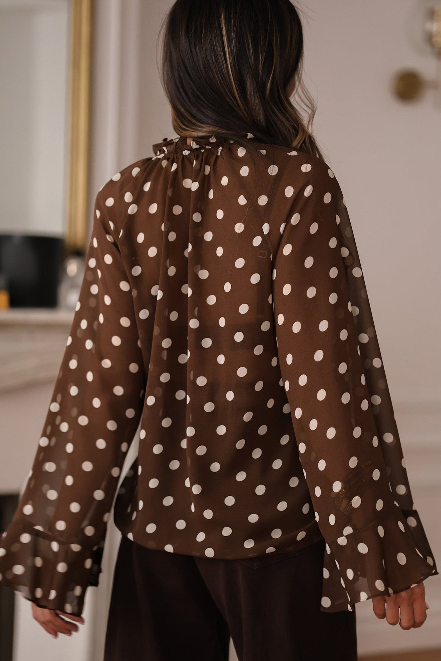 Polka Dot Blouse with Ruffles, V-Neck, and Bell Sleeves - Coffee