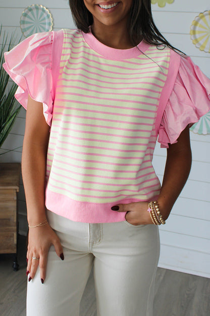 Pink Striped Blouse with Short Ruffled Sleeves and Patchwork