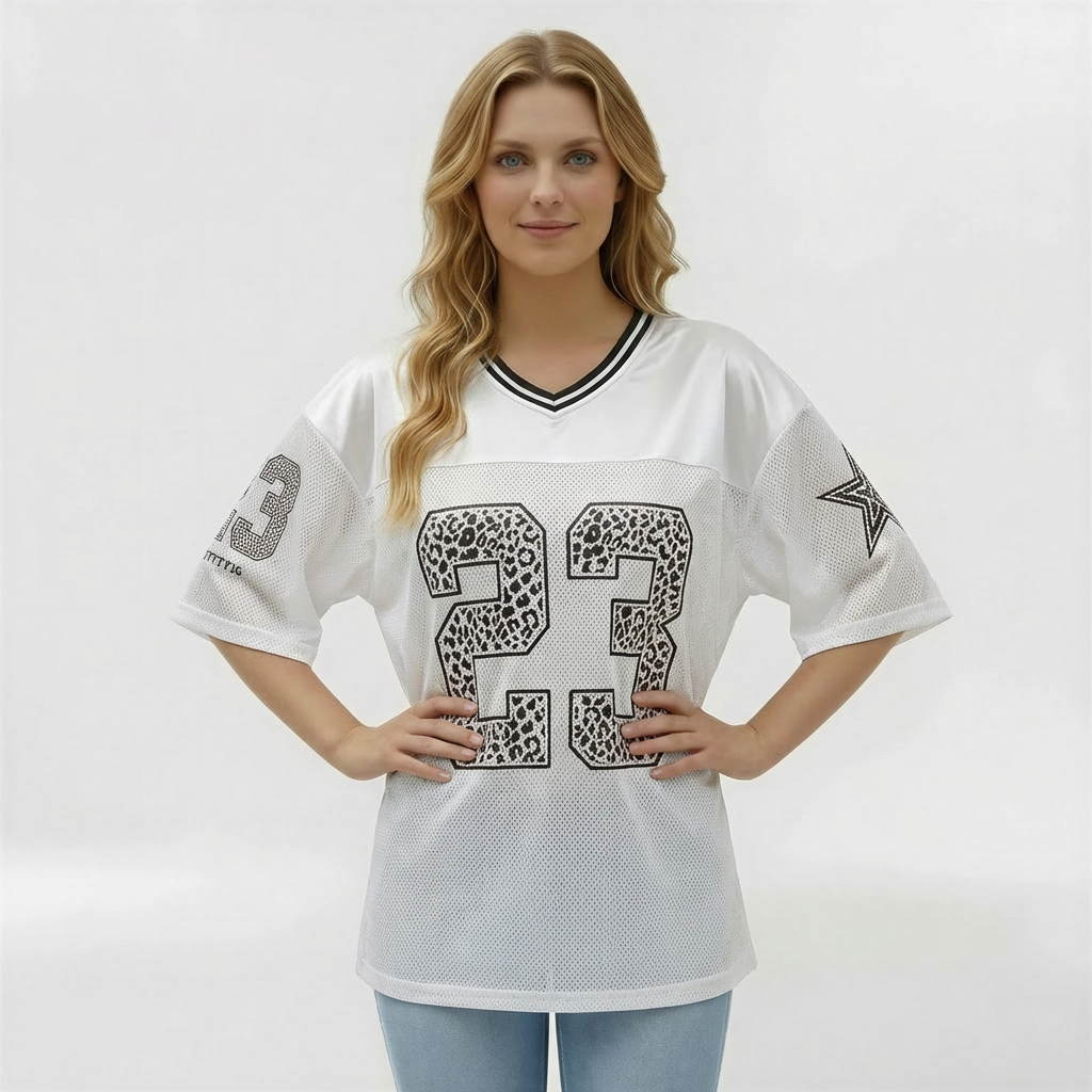 Women's Oversized Sporty Jersey-Style T-Shirt with Printed Number, Casual Short Sleeves