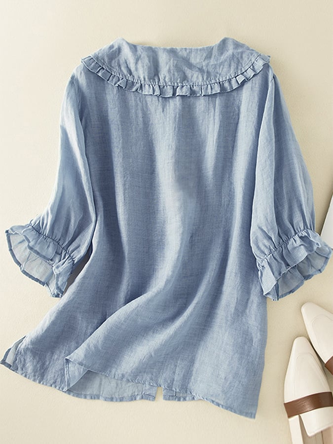 Jillian Women's Shirt – Loose Cotton and Linen Shirt with Chic Peter Pan Collar and Ruffles
