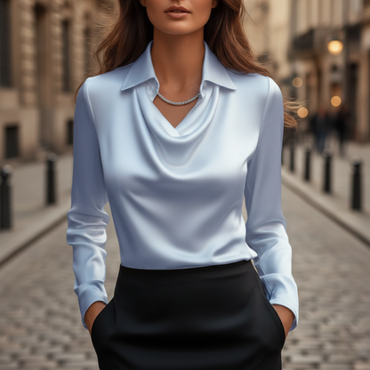 Women's Satin Shirt with Cowl Neck and Long Sleeves