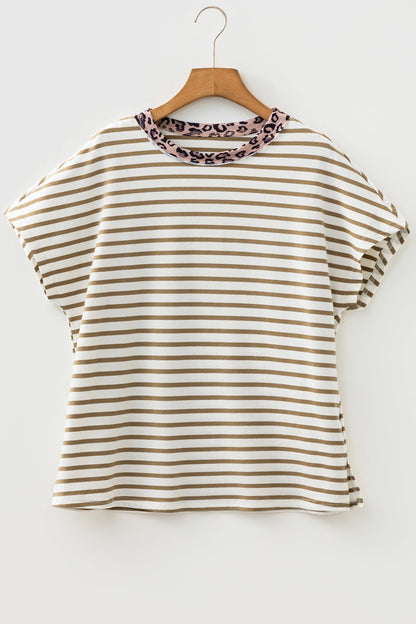 Wide crew neck T-shirt with khaki stripes and leopard patchwork