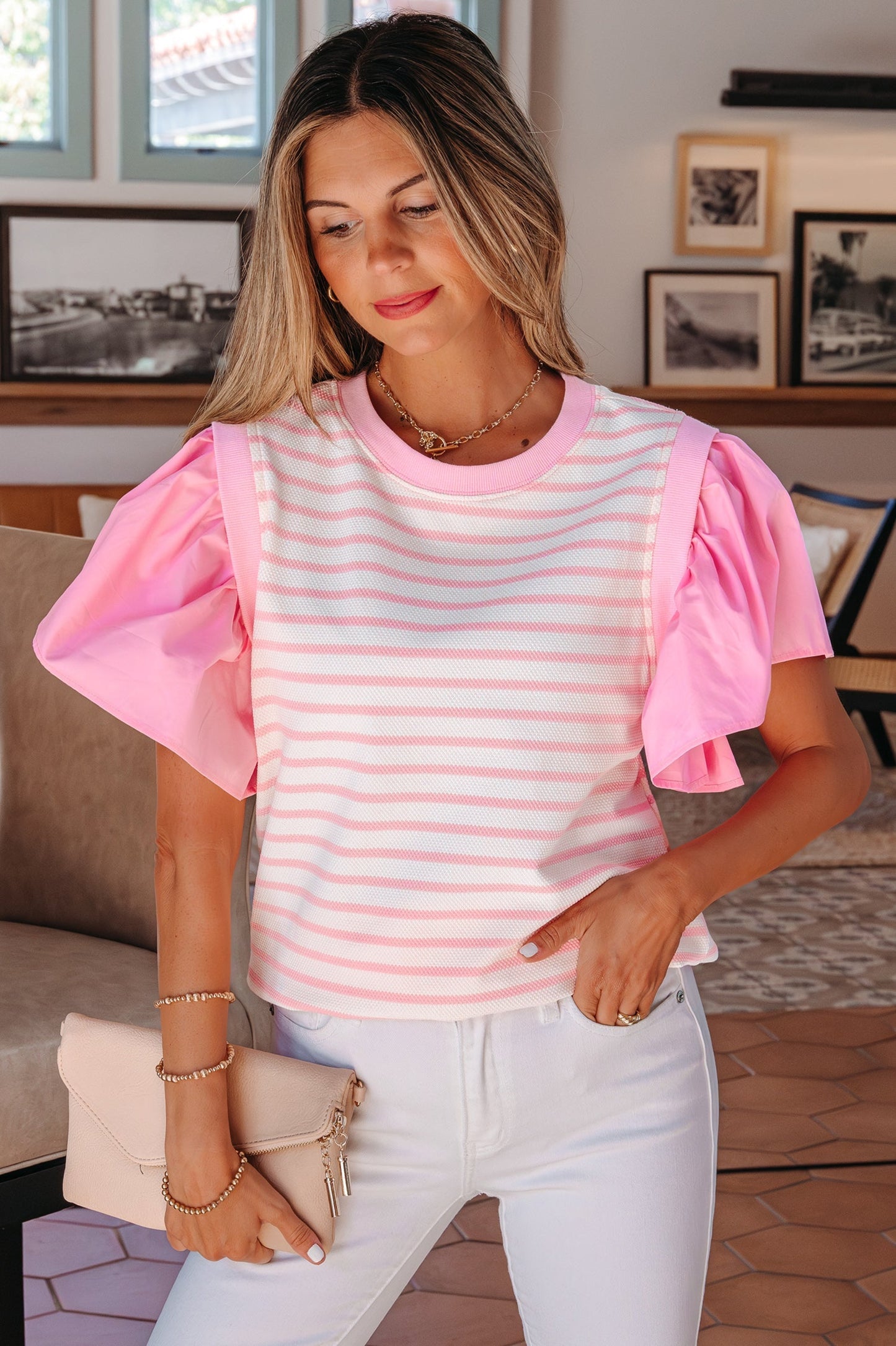 Pink Striped Blouse with Short Ruffled Sleeves and Patchwork