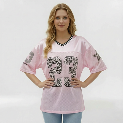 Women's Oversized Sporty Jersey-Style T-Shirt with Printed Number, Casual Short Sleeves
