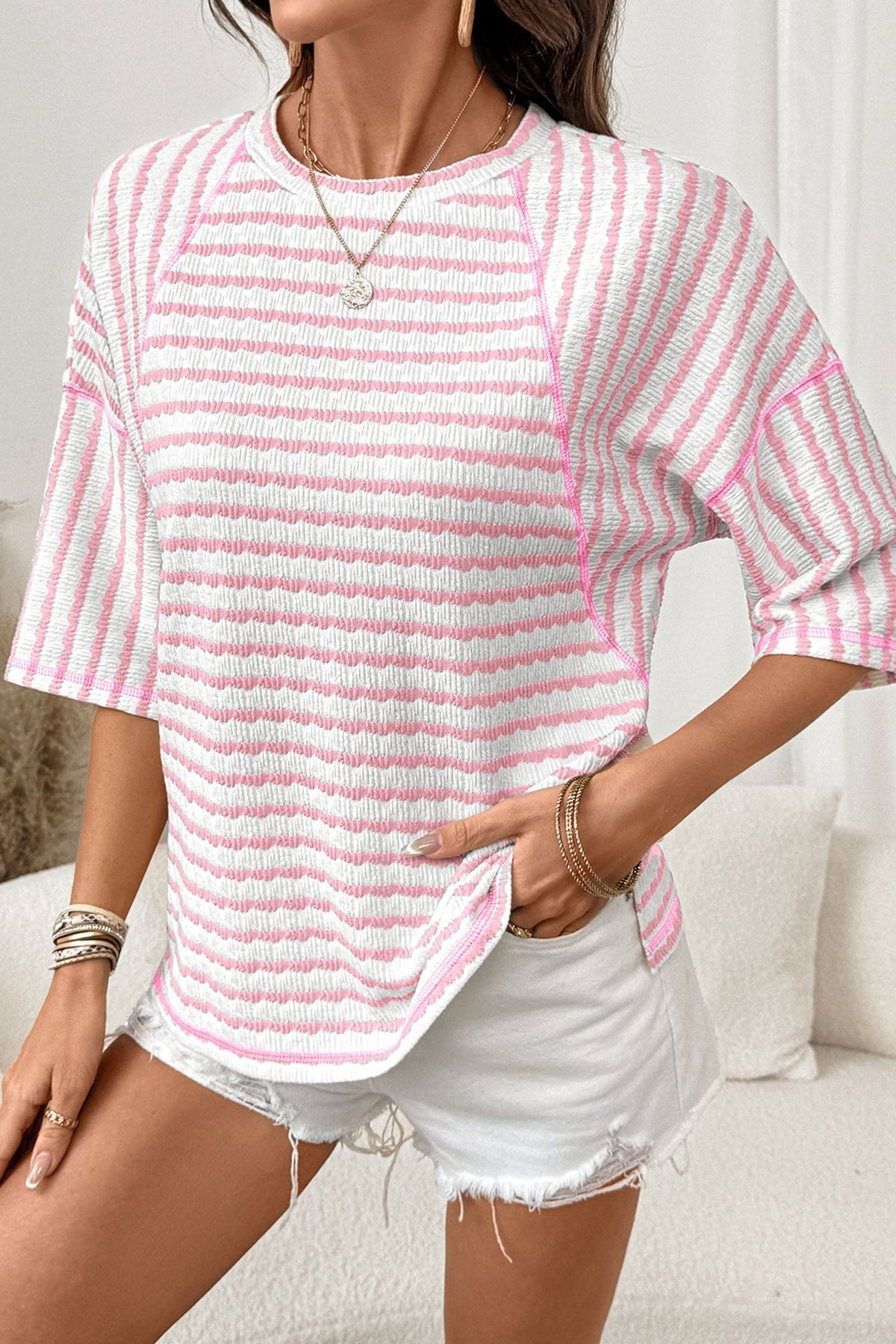 Long Striped Top in Structured Knit with Slit and Mid-Length Sleeves