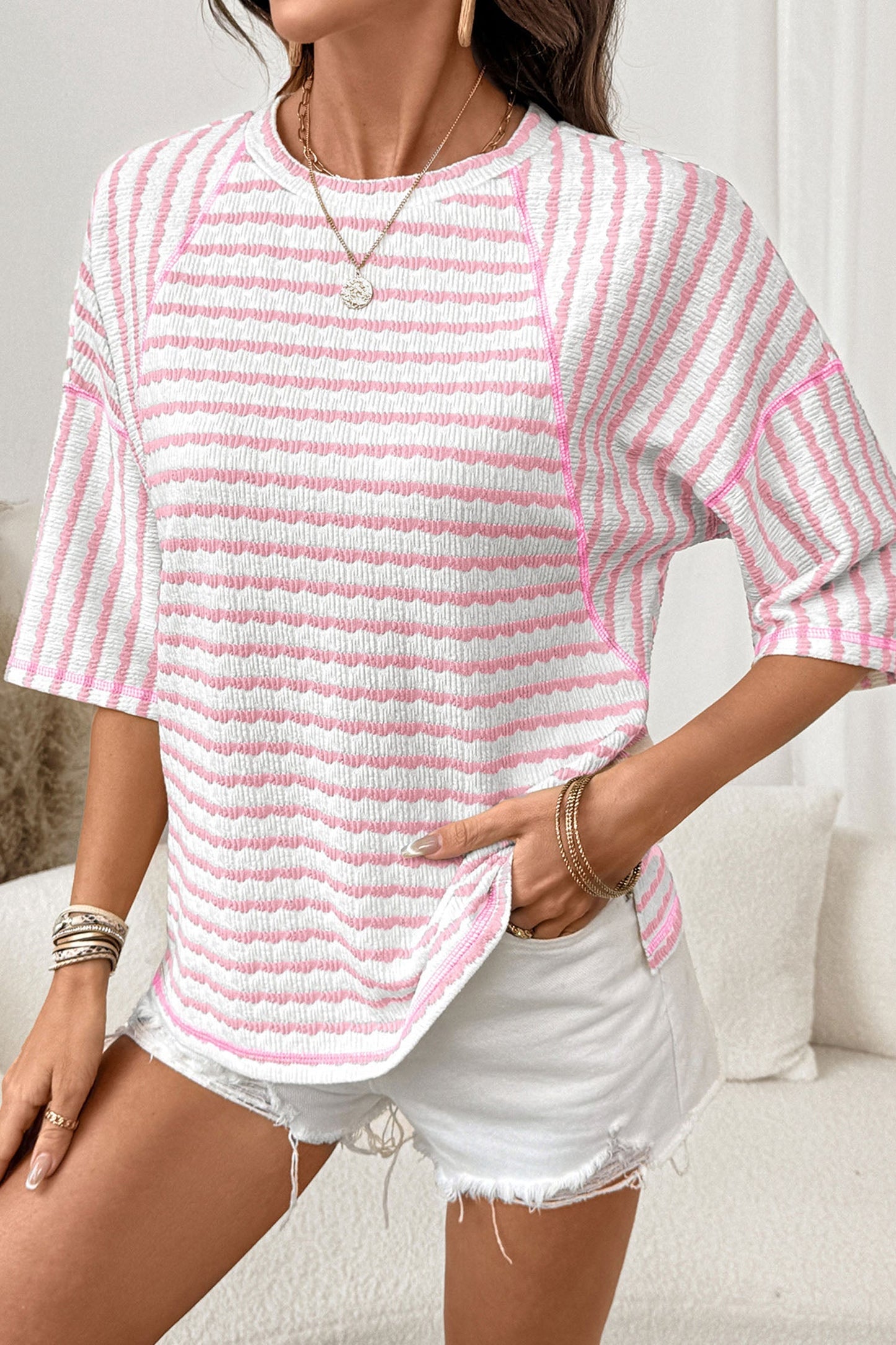 Long Striped Top in Structured Knit with Slit and Mid-Length Sleeves