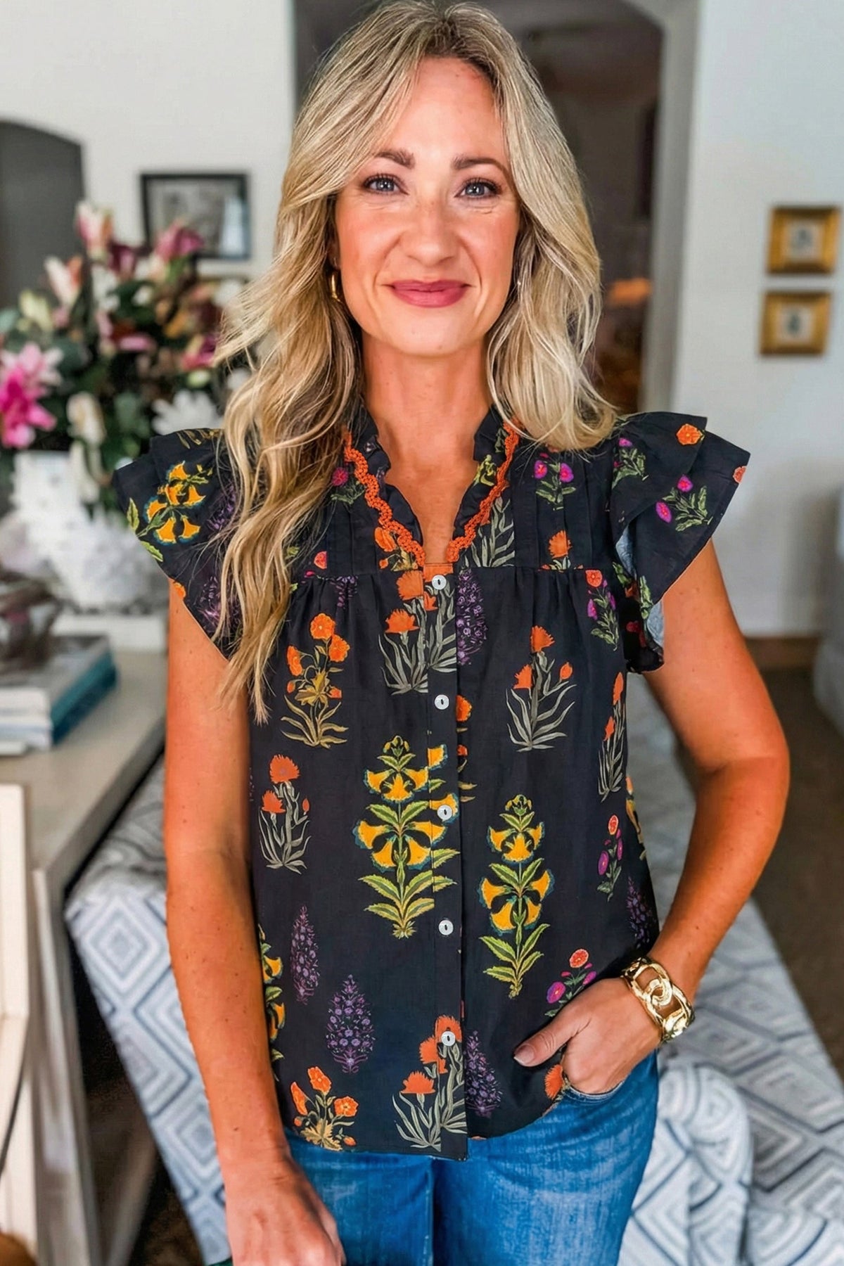 Black Floral Shirt with Lace Trim and V-Neck with Ruffles