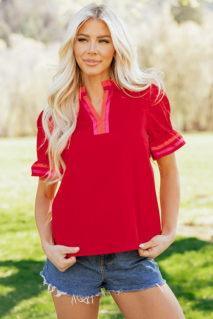 Fire red striped blouse with ruffled collar and short puffed sleeves