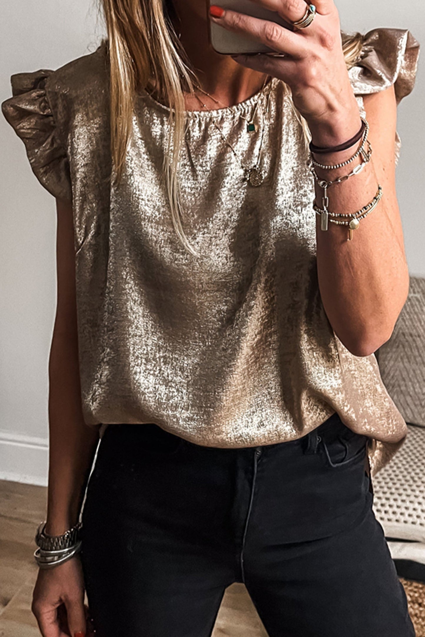 Top Metallic Gold Sleeveless with Round Neck and Ruffles