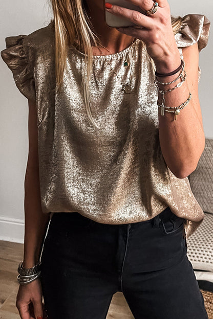 Top Metallic Gold Sleeveless with Round Neck and Ruffles