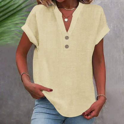 Wide Summer Blouse with V-Neck and Buttons – Short Sleeve and Timeless