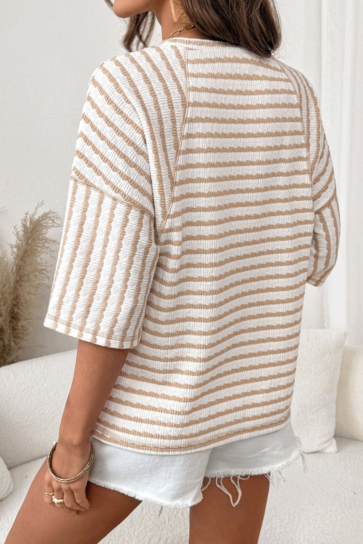 Long Striped Top in Structured Knit with Slit and Mid-Length Sleeves