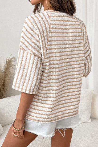Long Striped Top in Structured Knit with Slit and Mid-Length Sleeves