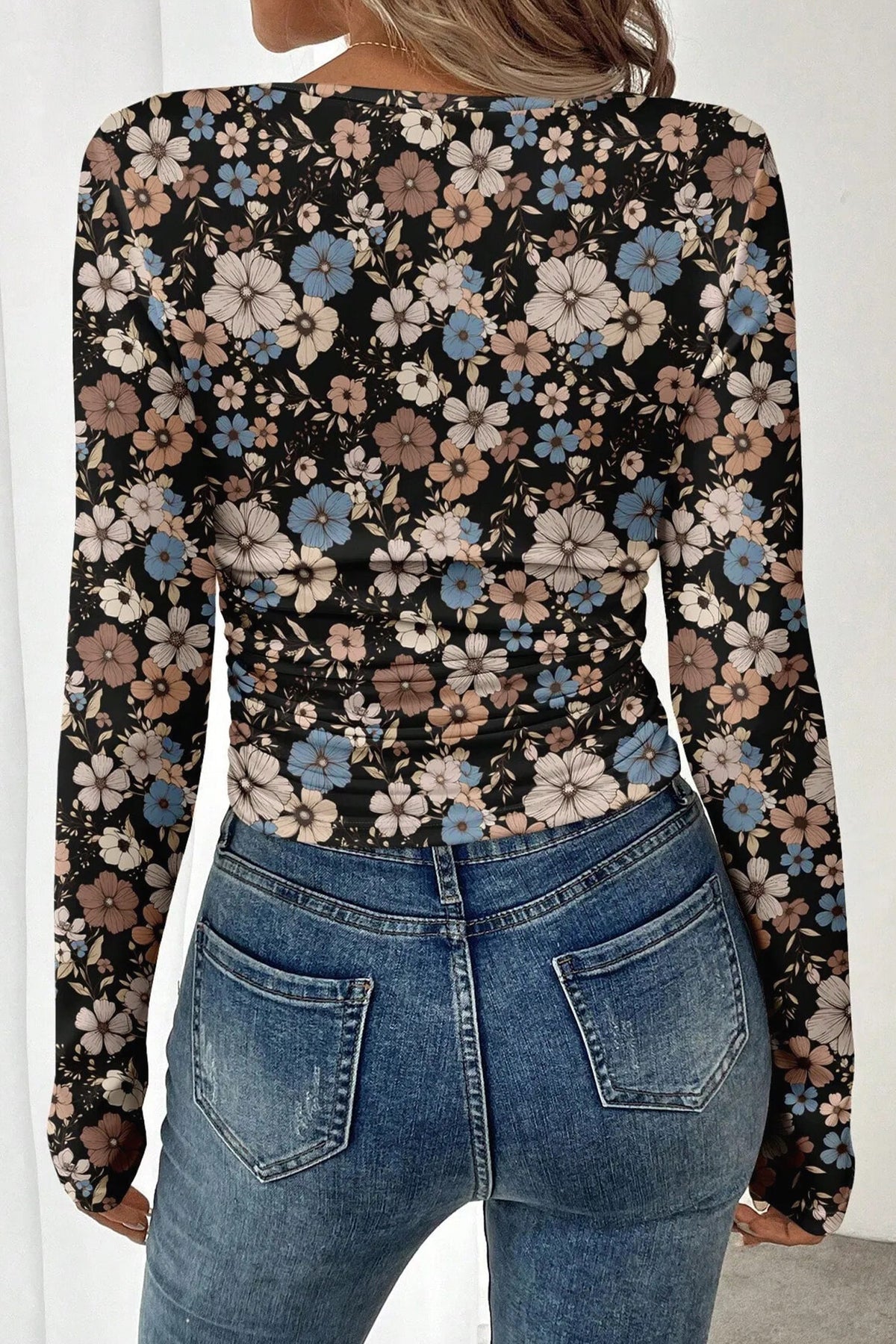 Slim Long Sleeve T-shirt with Black Floral Print