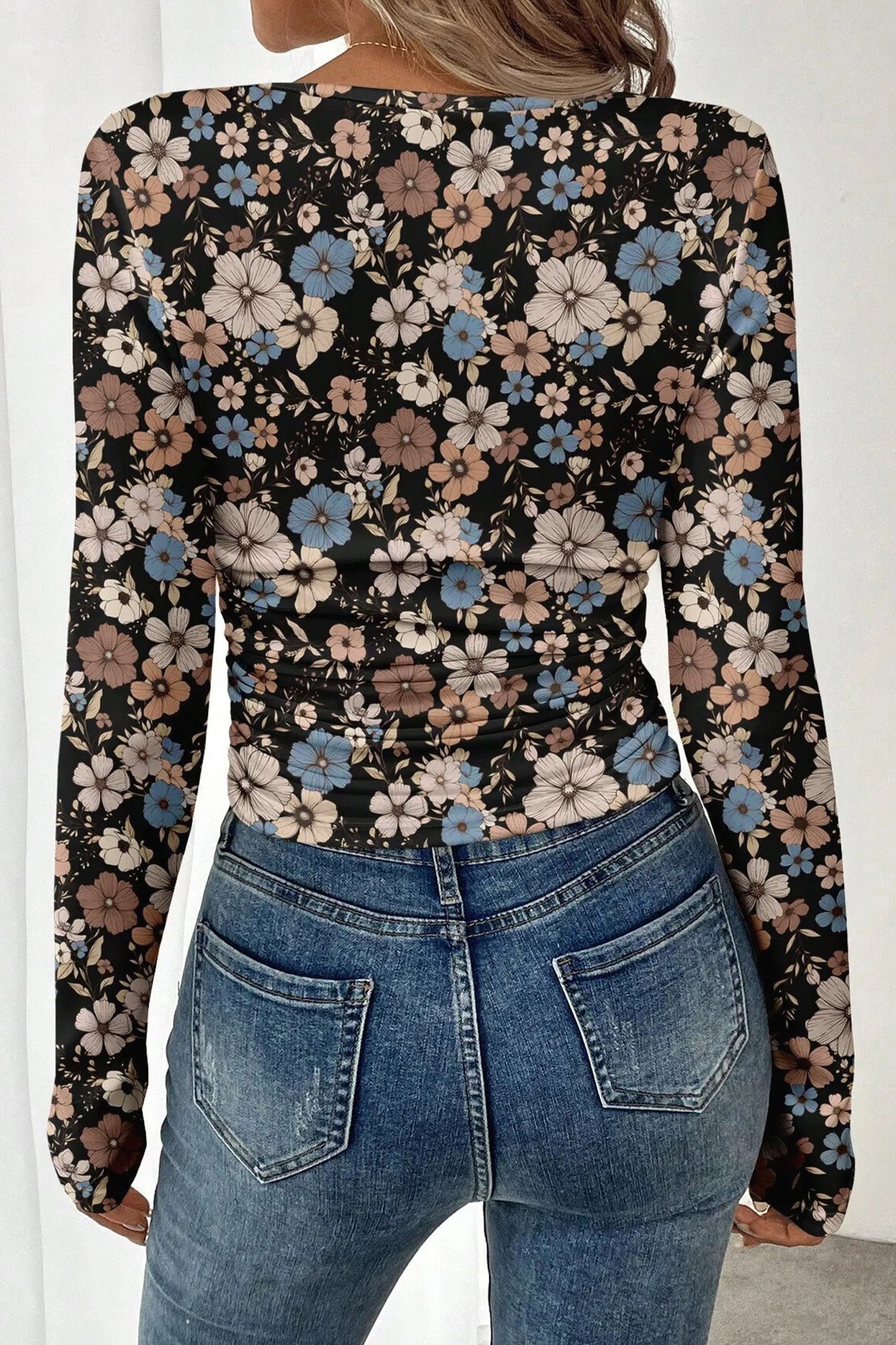 Slim Long Sleeve T-shirt with Black Floral Print