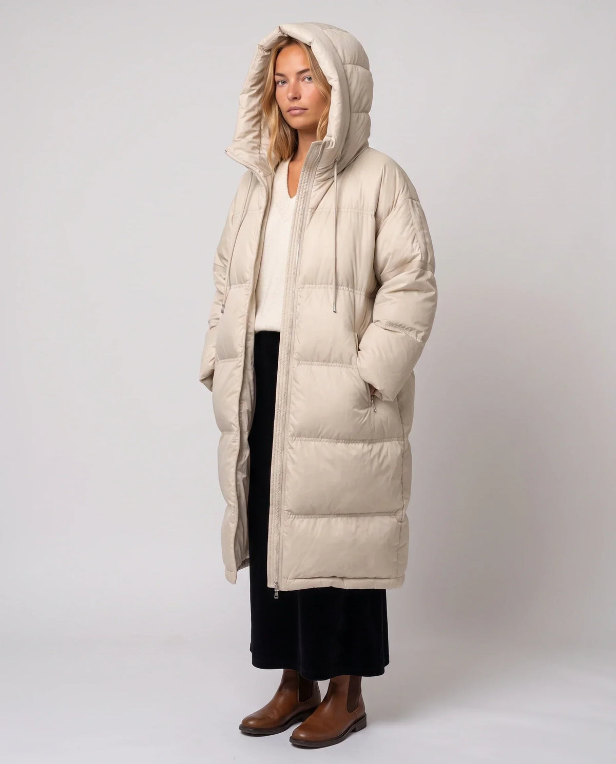 Extra-Long Cocoon Hooded Puffer Jacket