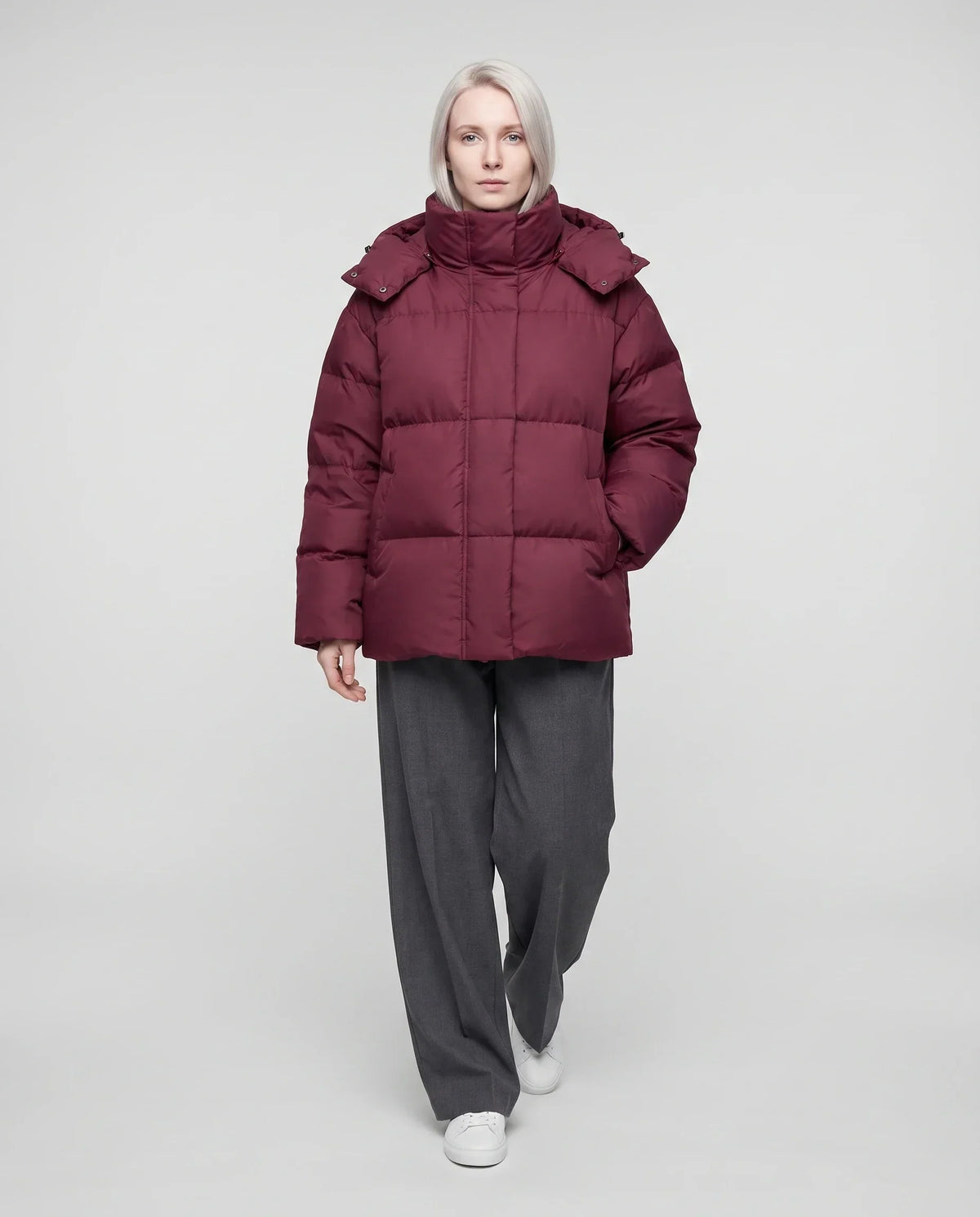 Oversized Puffer Jacket with High Collar and Detachable Hood