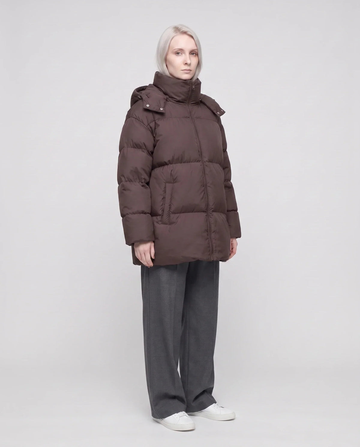 Oversized Puffer Jacket with High Collar and Detachable Hood