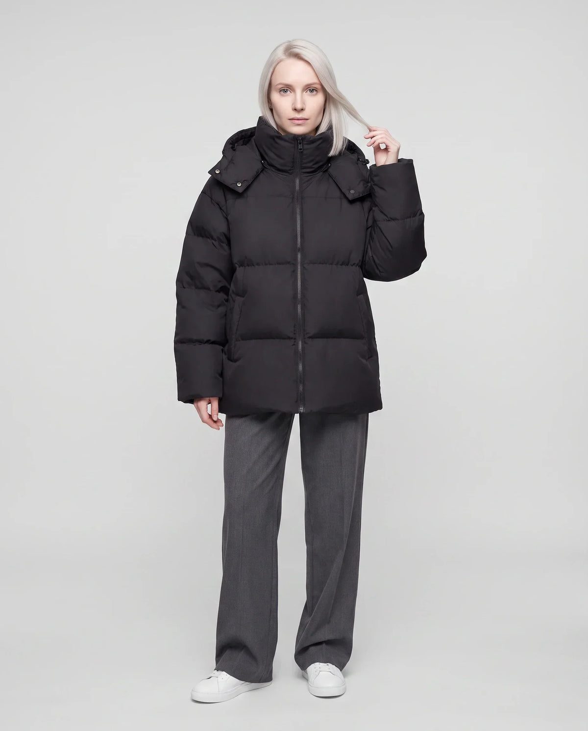 Oversized Puffer Jacket with High Collar and Detachable Hood
