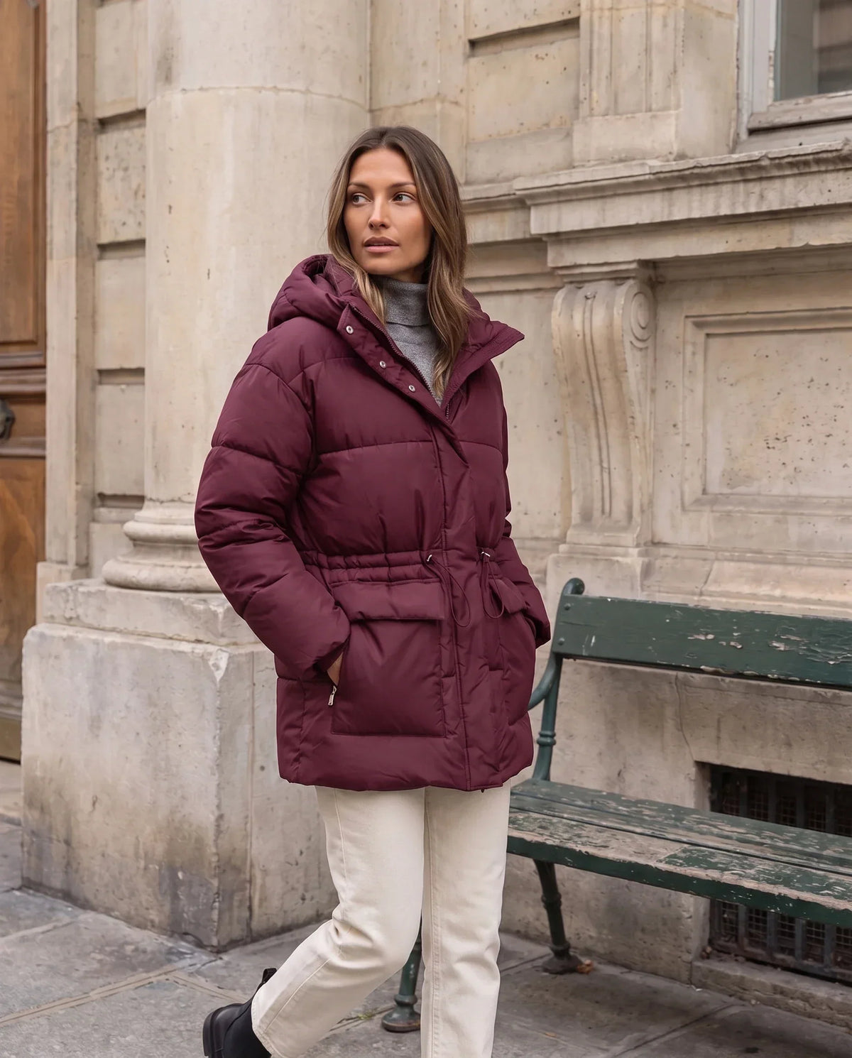 Oversized Hooded Puffer Jacket with Drawcord Waist