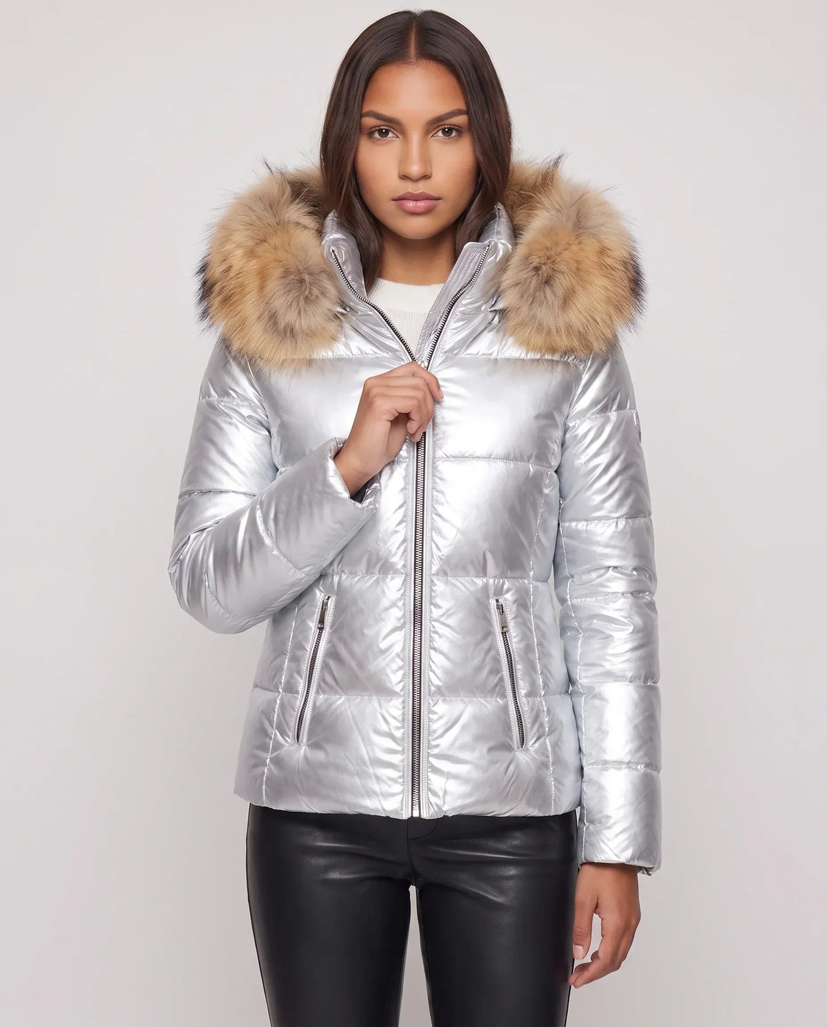 Short Shiny Puffer Jacket with Faux Fur Hood