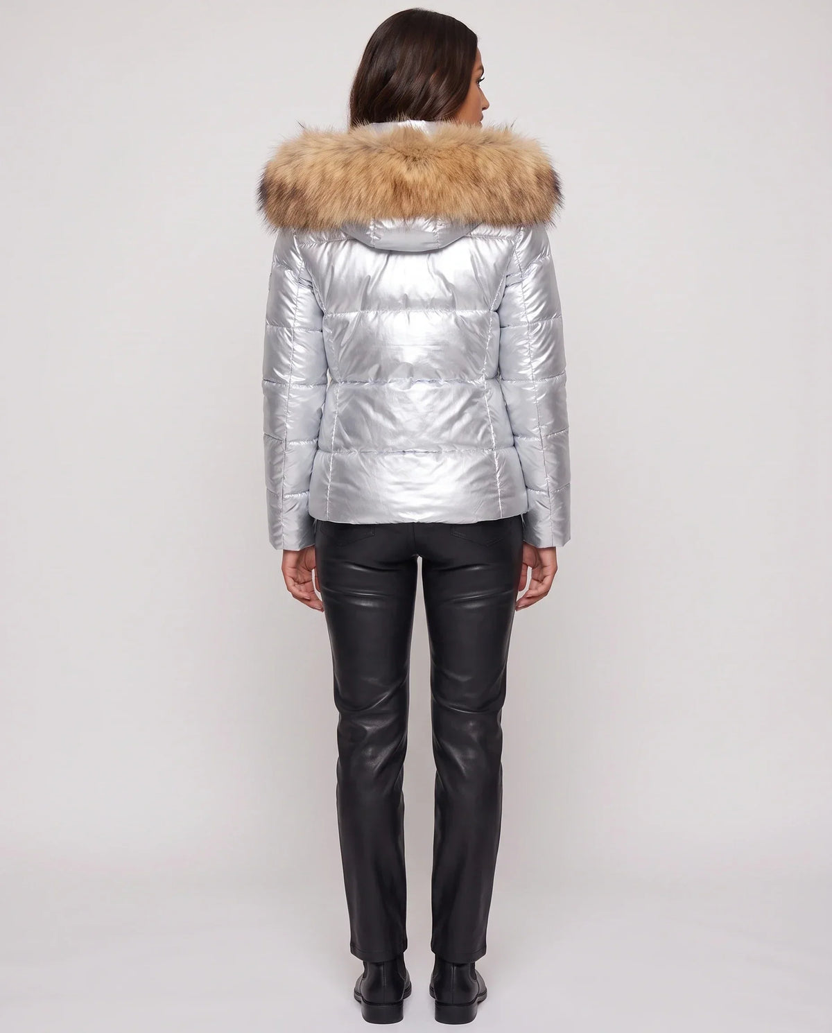 Short Shiny Puffer Jacket with Faux Fur Hood