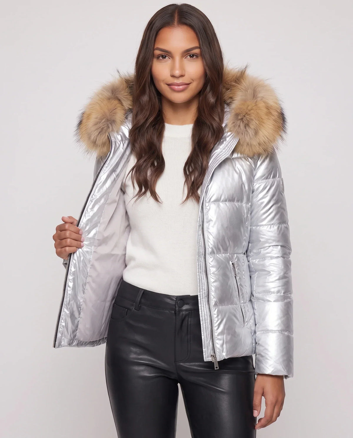 Short Shiny Puffer Jacket with Faux Fur Hood