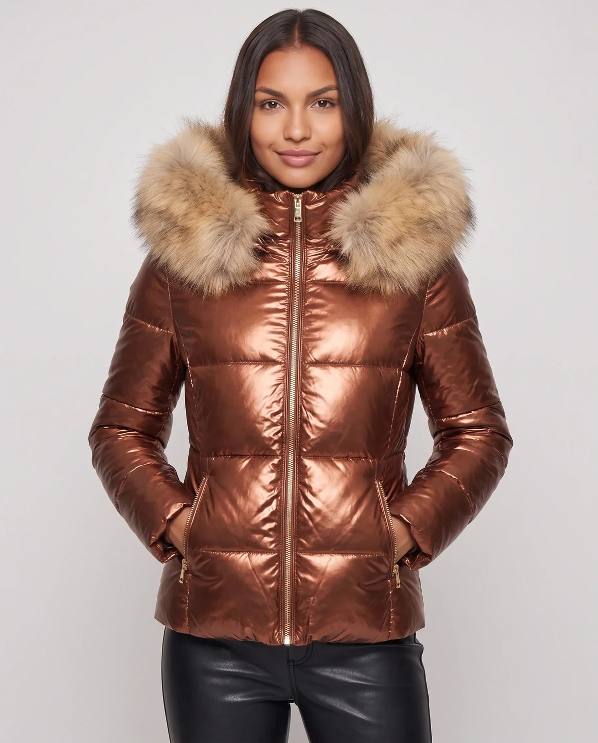 Short Shiny Puffer Jacket with Faux Fur Hood